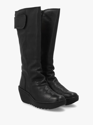 Yulo Black Leather Wedge Knee Boots