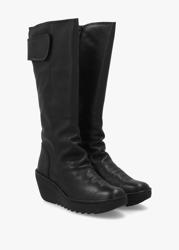 Yulo Black Leather Wedge Knee Boots