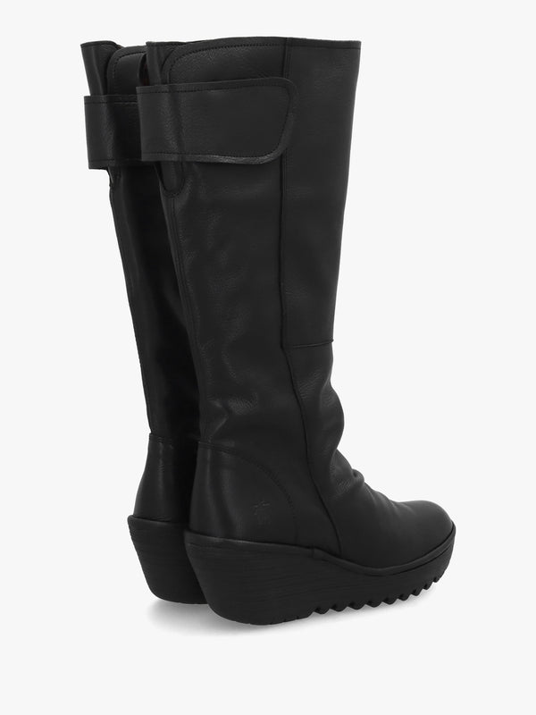 Yulo Black Leather Wedge Knee Boots