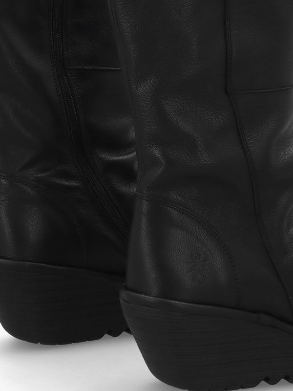 Yulo Black Leather Wedge Knee Boots