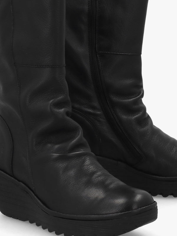 Yulo Black Leather Wedge Knee Boots