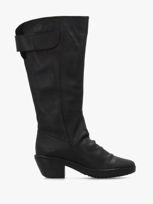 Waki Black Leather Stacked Heel Knee Boots