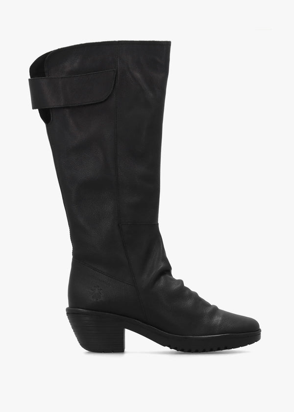 Waki Black Leather Stacked Heel Knee Boots