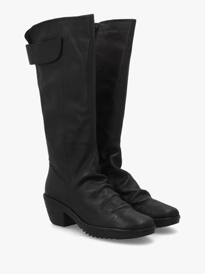 Waki Black Leather Stacked Heel Knee Boots