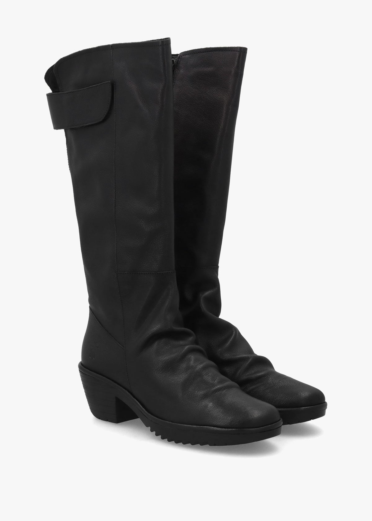 Waki Black Leather Stacked Heel Knee Boots