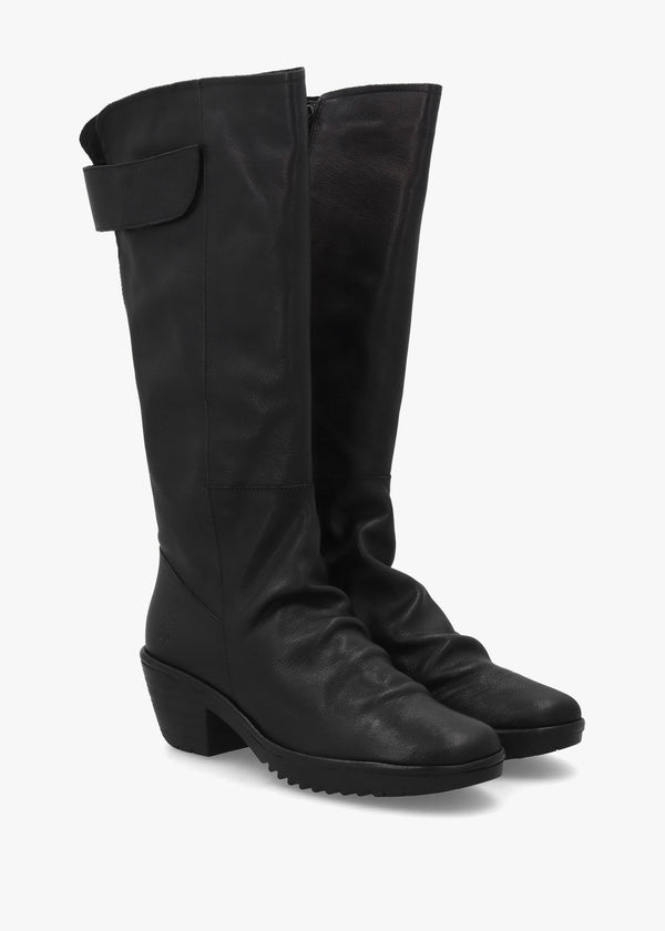 Waki Black Leather Stacked Heel Knee Boots