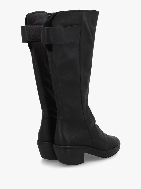 Waki Black Leather Stacked Heel Knee Boots