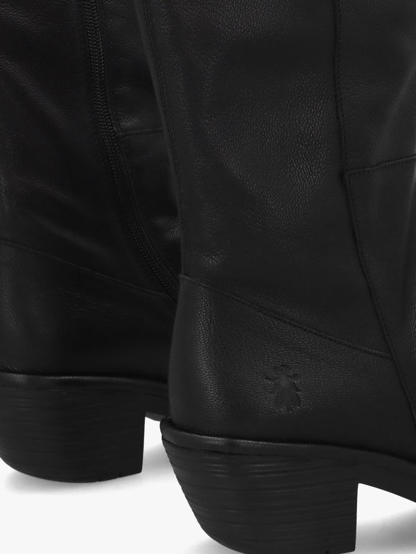 Waki Black Leather Stacked Heel Knee Boots