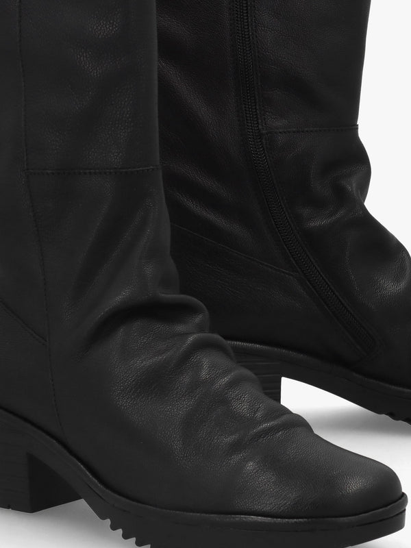 Waki Black Leather Stacked Heel Knee Boots