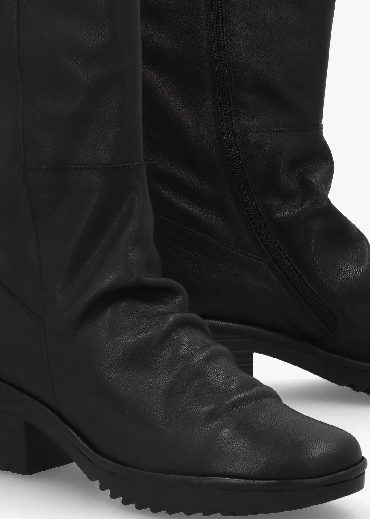 Waki Black Leather Stacked Heel Knee Boots