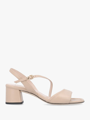 Beige Leather Pillow Strap Mid-Block Heel Sandals