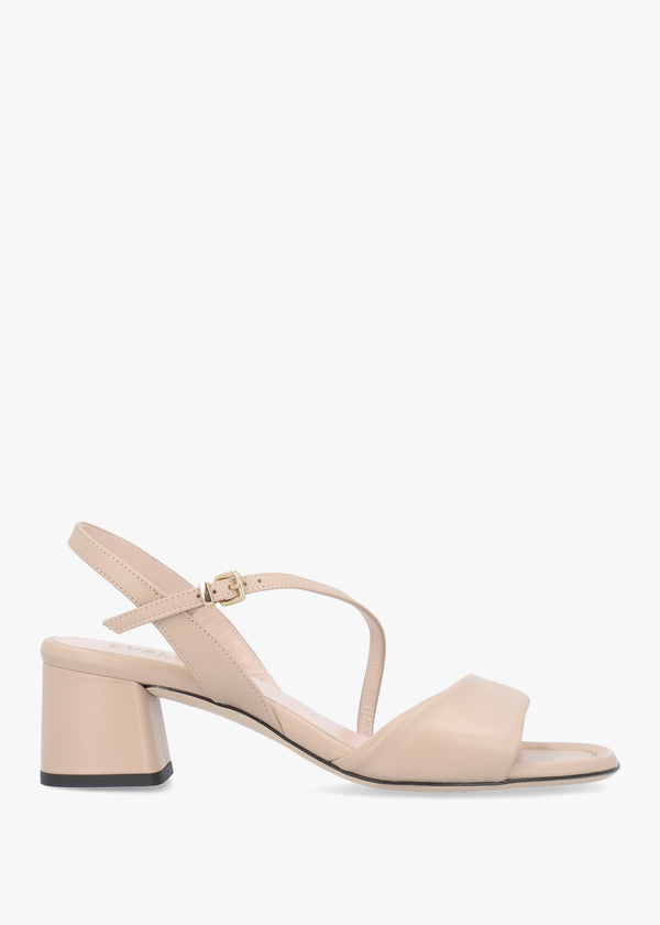 Beige Leather Pillow Strap Mid-Block Heel Sandals