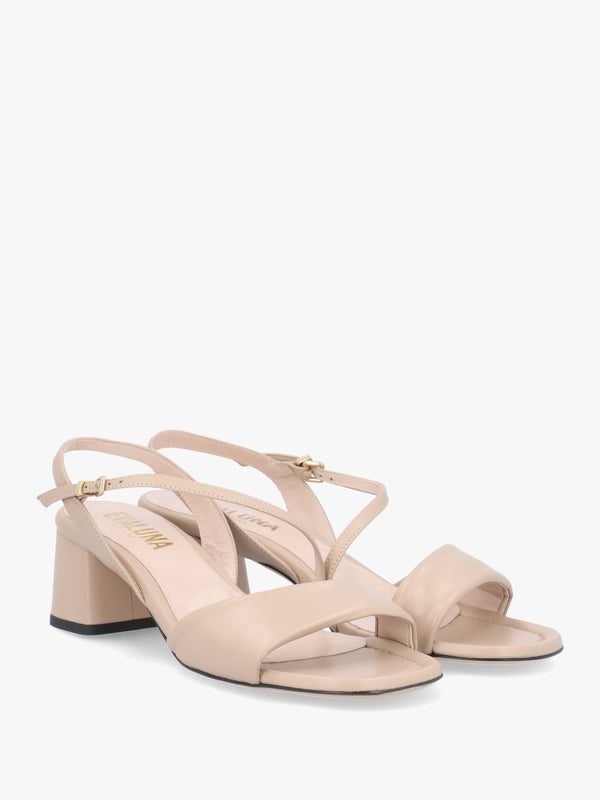 Beige Leather Pillow Strap Mid-Block Heel Sandals