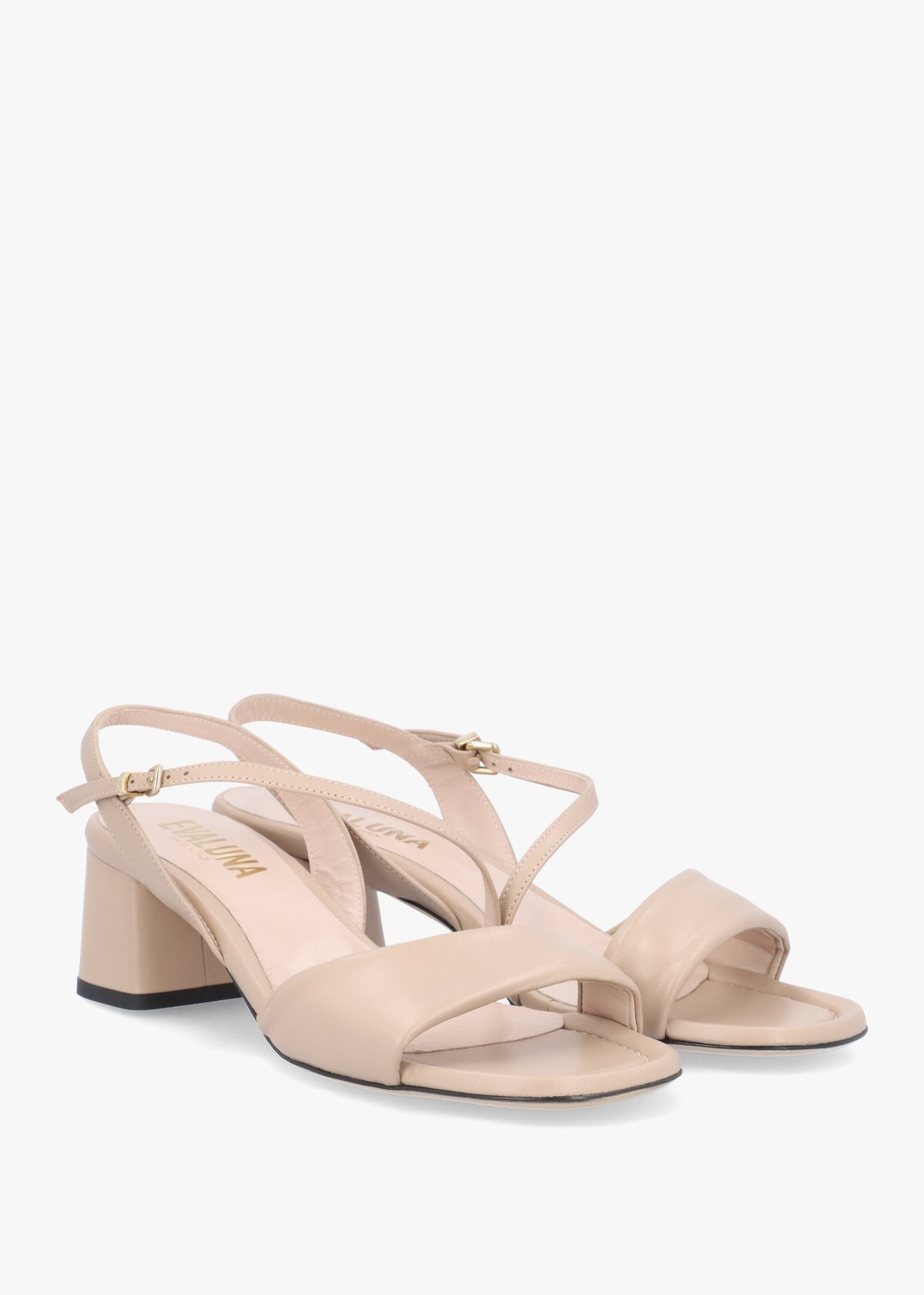 Beige Leather Pillow Strap Mid-Block Heel Sandals