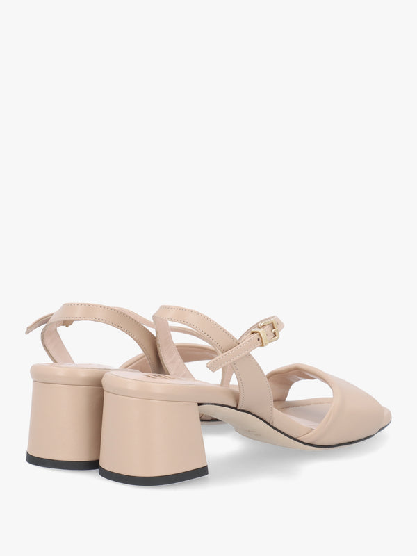 Beige Leather Pillow Strap Mid-Block Heel Sandals