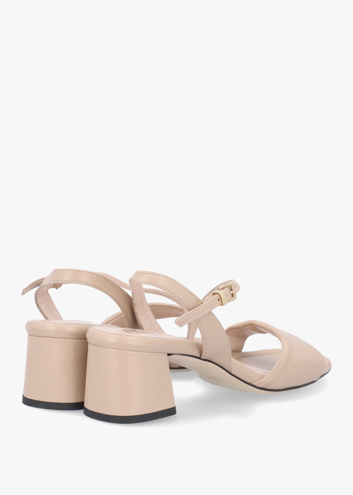 Beige Leather Pillow Strap Mid-Block Heel Sandals