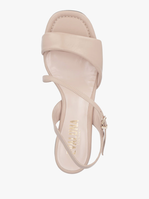 Beige Leather Pillow Strap Mid-Block Heel Sandals