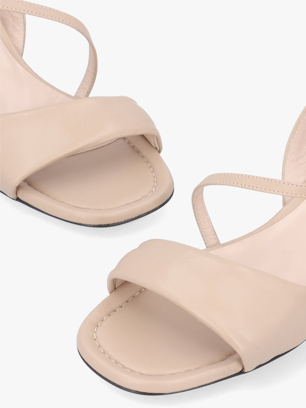 Beige Leather Pillow Strap Mid-Block Heel Sandals