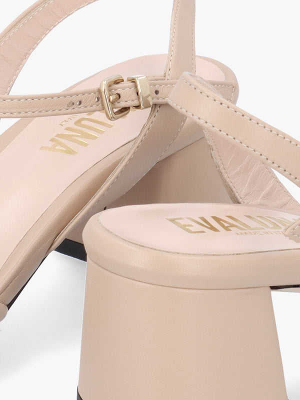 Beige Leather Pillow Strap Mid-Block Heel Sandals