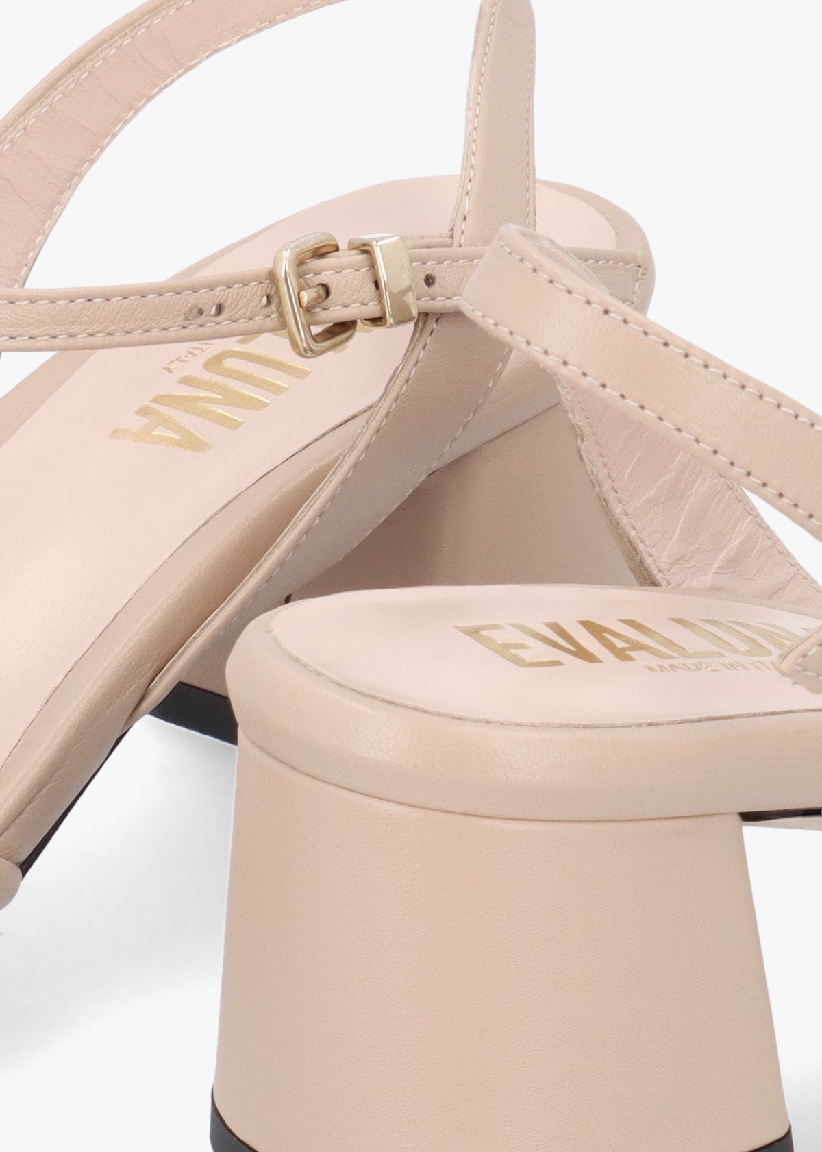 Beige Leather Pillow Strap Mid-Block Heel Sandals
