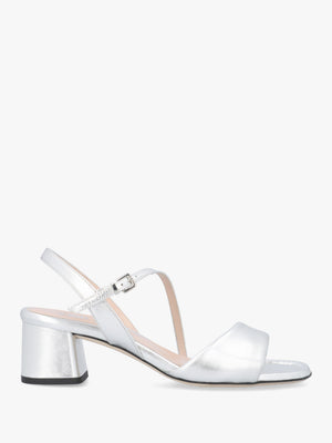 Silver Metallic Leather Pillow Strap Mid-Block Heel Sandals