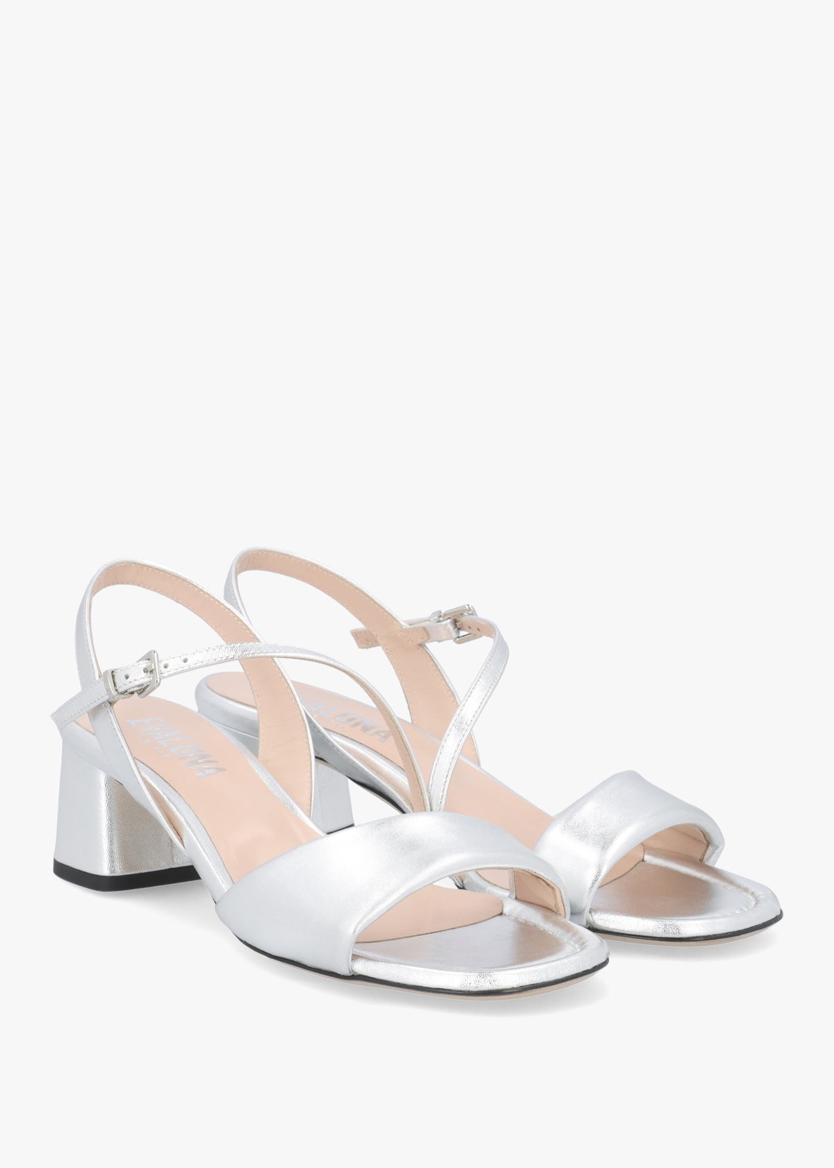 Silver Metallic Leather Pillow Strap Mid-Block Heel Sandals