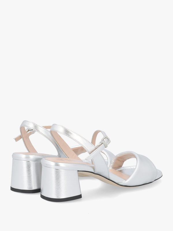 Silver Metallic Leather Pillow Strap Mid-Block Heel Sandals
