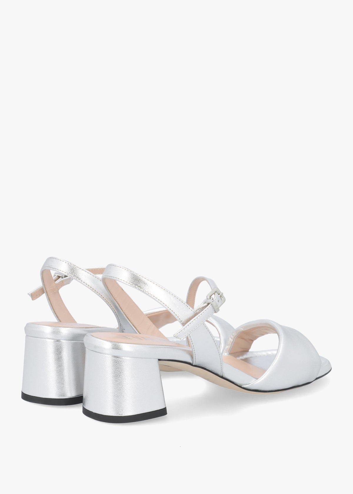 Silver Metallic Leather Pillow Strap Mid-Block Heel Sandals
