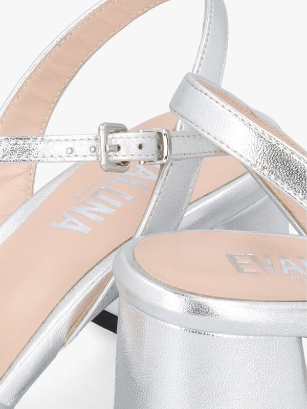 Silver Metallic Leather Pillow Strap Mid-Block Heel Sandals
