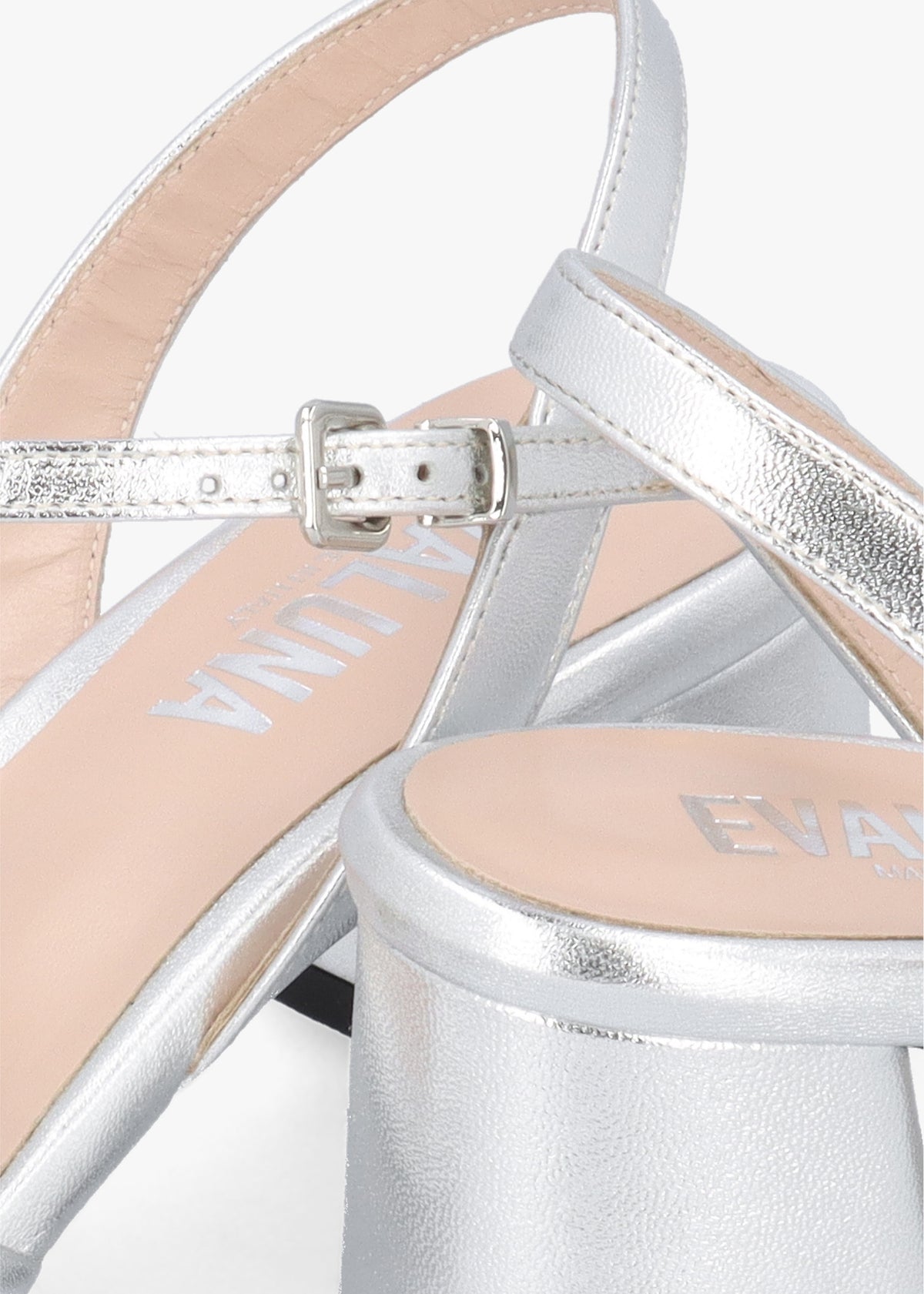Silver Metallic Leather Pillow Strap Mid-Block Heel Sandals