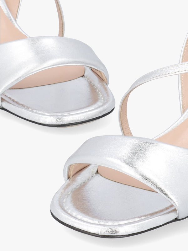 Silver Metallic Leather Pillow Strap Mid-Block Heel Sandals