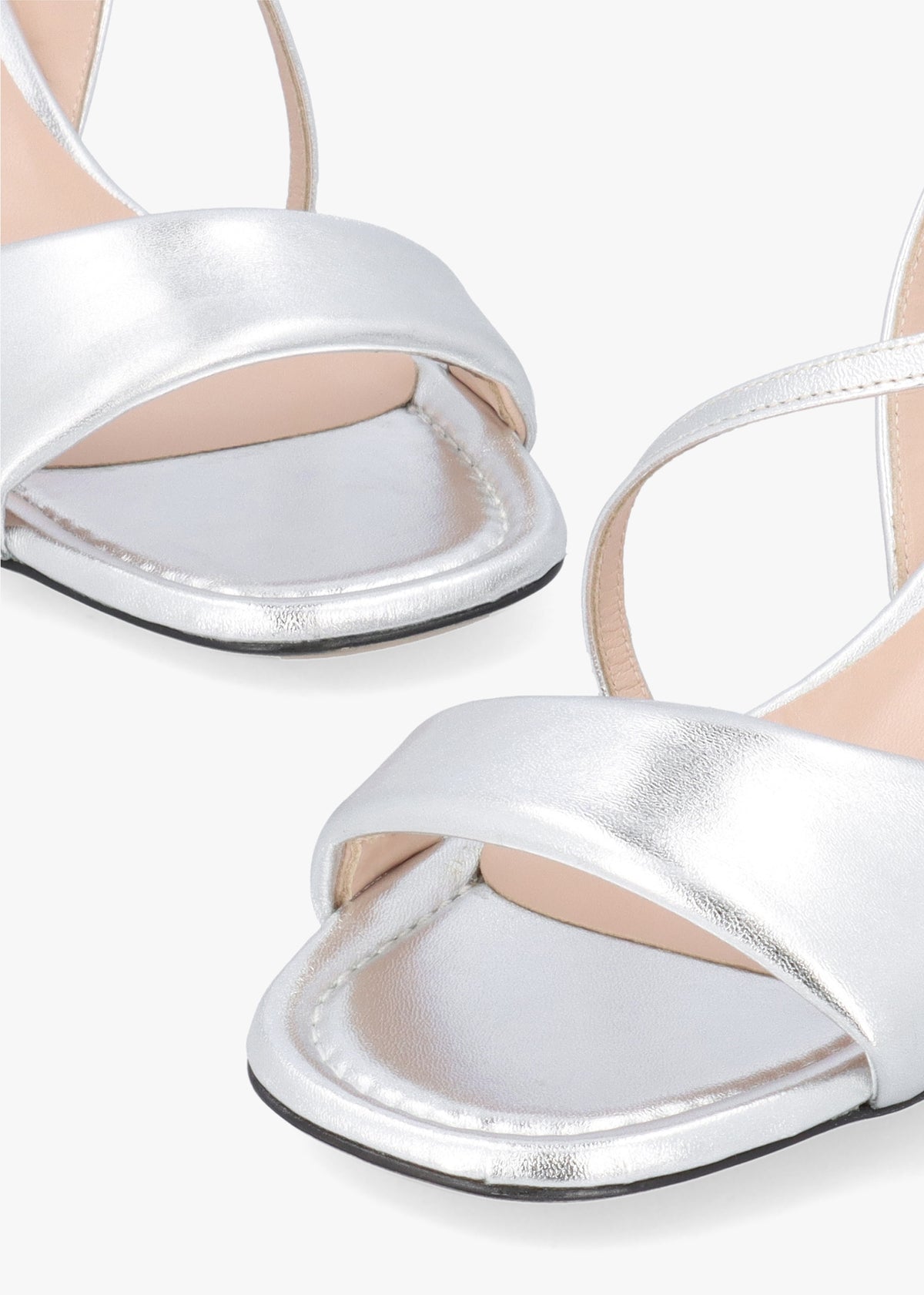 Silver Metallic Leather Pillow Strap Mid-Block Heel Sandals