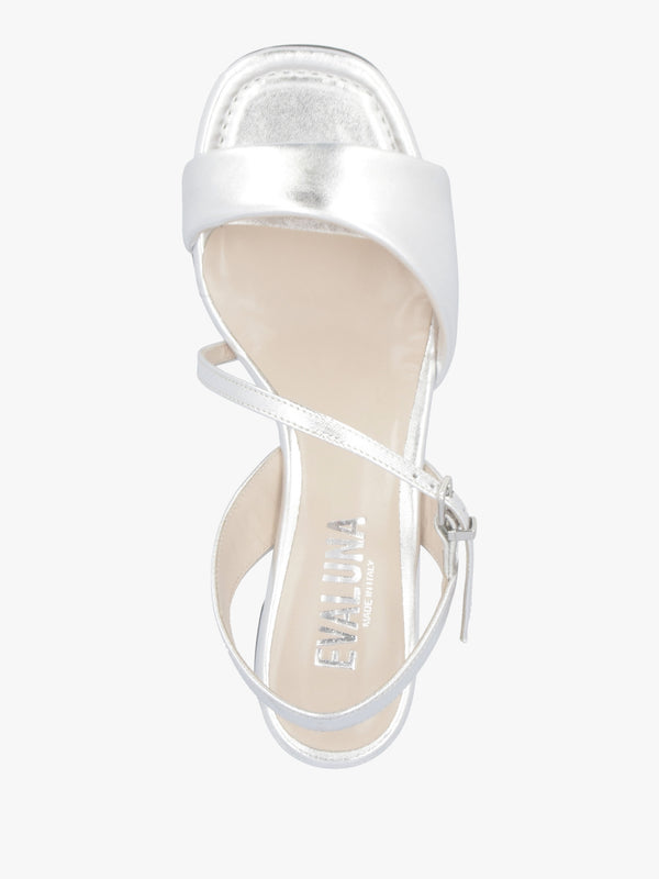 Silver Metallic Leather Pillow Strap Mid-Block Heel Sandals