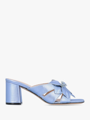 Blue Metallic Leather Flower Block Heel Mules