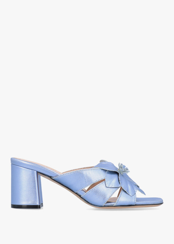 Blue Metallic Leather Flower Block Heel Mules