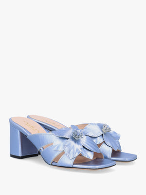 Blue Metallic Leather Flower Block Heel Mules