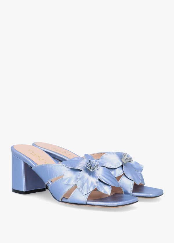 Blue Metallic Leather Flower Block Heel Mules