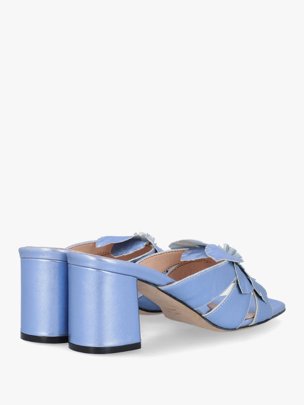 Blue Metallic Leather Flower Block Heel Mules