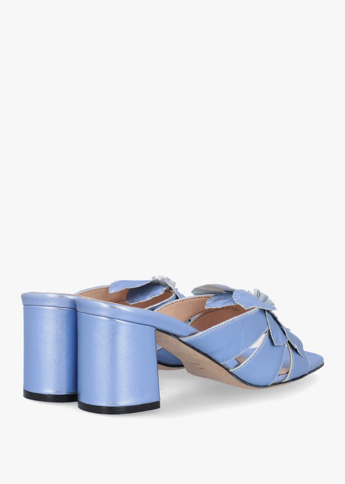Blue Metallic Leather Flower Block Heel Mules