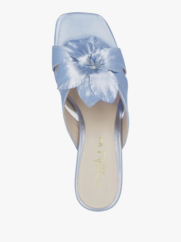 Blue Metallic Leather Flower Block Heel Mules