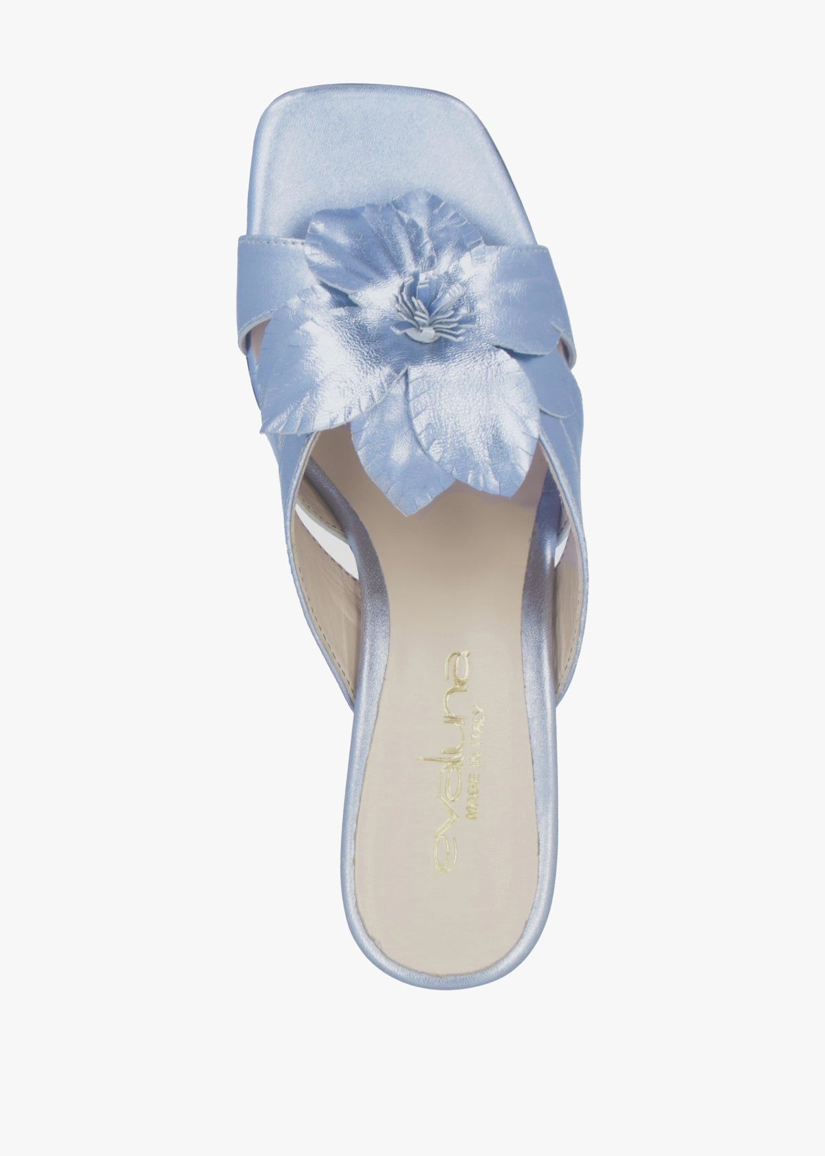 Blue Metallic Leather Flower Block Heel Mules