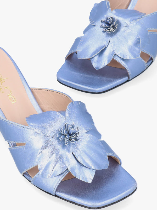 Blue Metallic Leather Flower Block Heel Mules