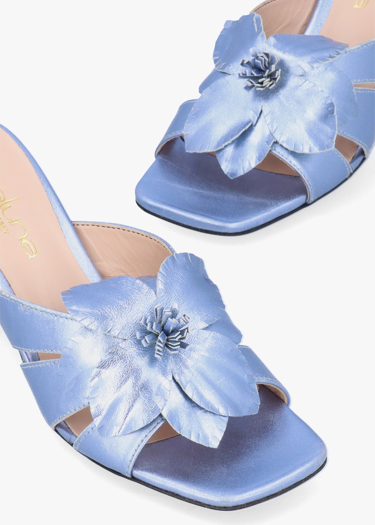 Blue Metallic Leather Flower Block Heel Mules