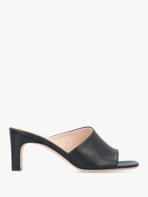 Black Leather Asymmetric One Strap Heeled Mules