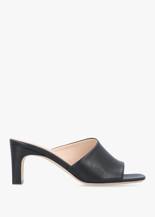 Black Leather Asymmetric One Strap Heeled Mules