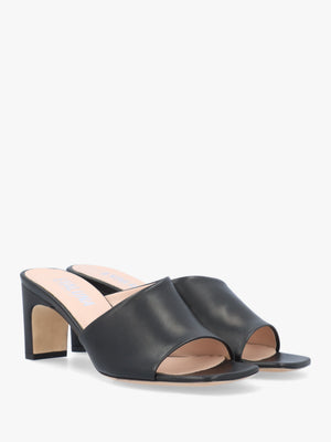Black Leather Asymmetric One Strap Heeled Mules
