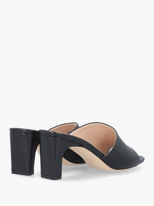 Black Leather Asymmetric One Strap Heeled Mules