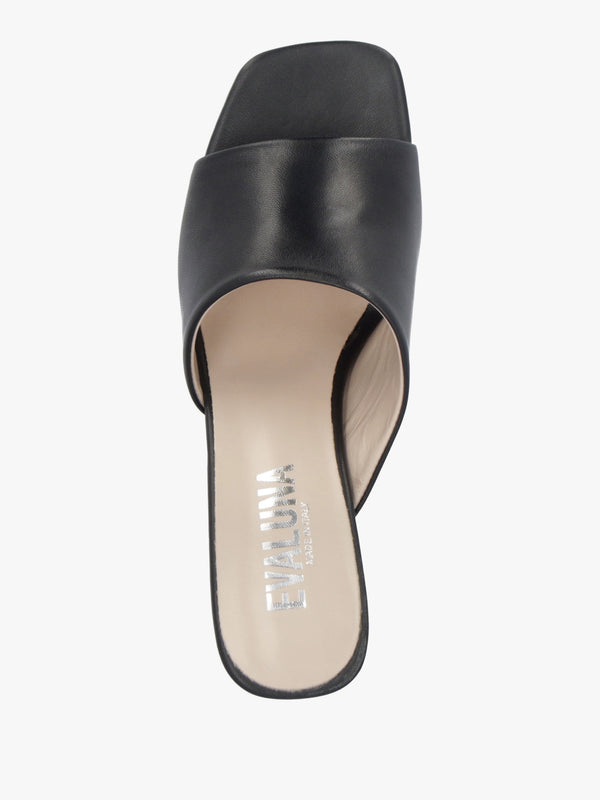 Black Leather Asymmetric One Strap Heeled Mules