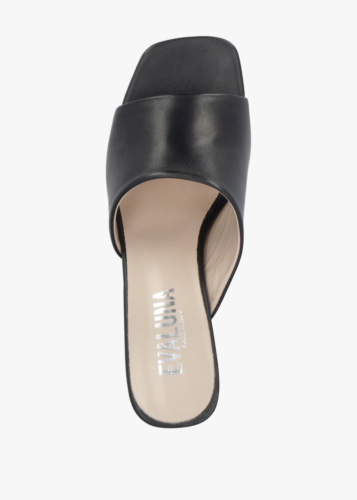 Black Leather Asymmetric One Strap Heeled Mules