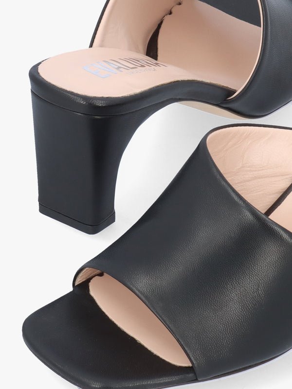 Black Leather Asymmetric One Strap Heeled Mules